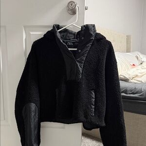 Zara Black Textured Hoodie with Nylon Accents